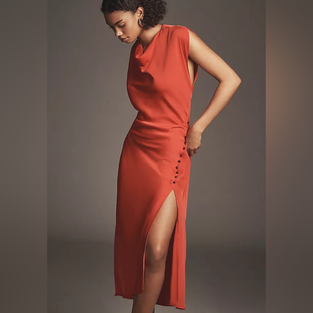 Maeve | Short-Sleeve Cowl-Neck Slip Midi Dress